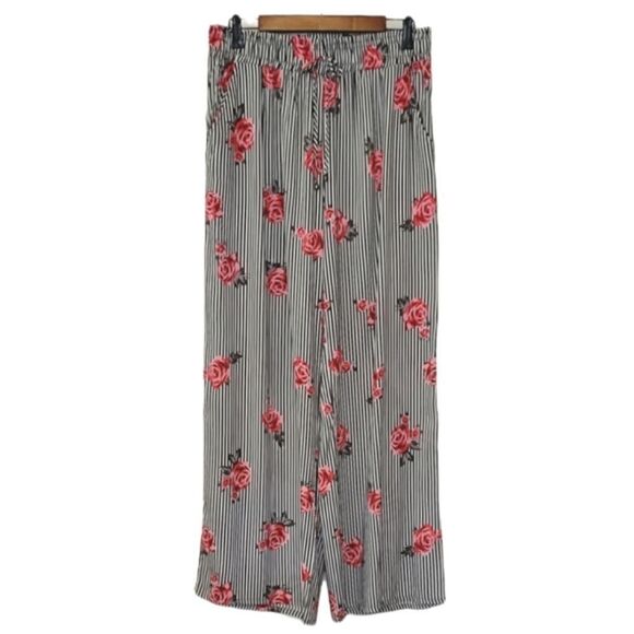 Joe B Pants - Joe B By Joe Benbasset Black Striped Floral Elastic Waist Wide Leg Pants